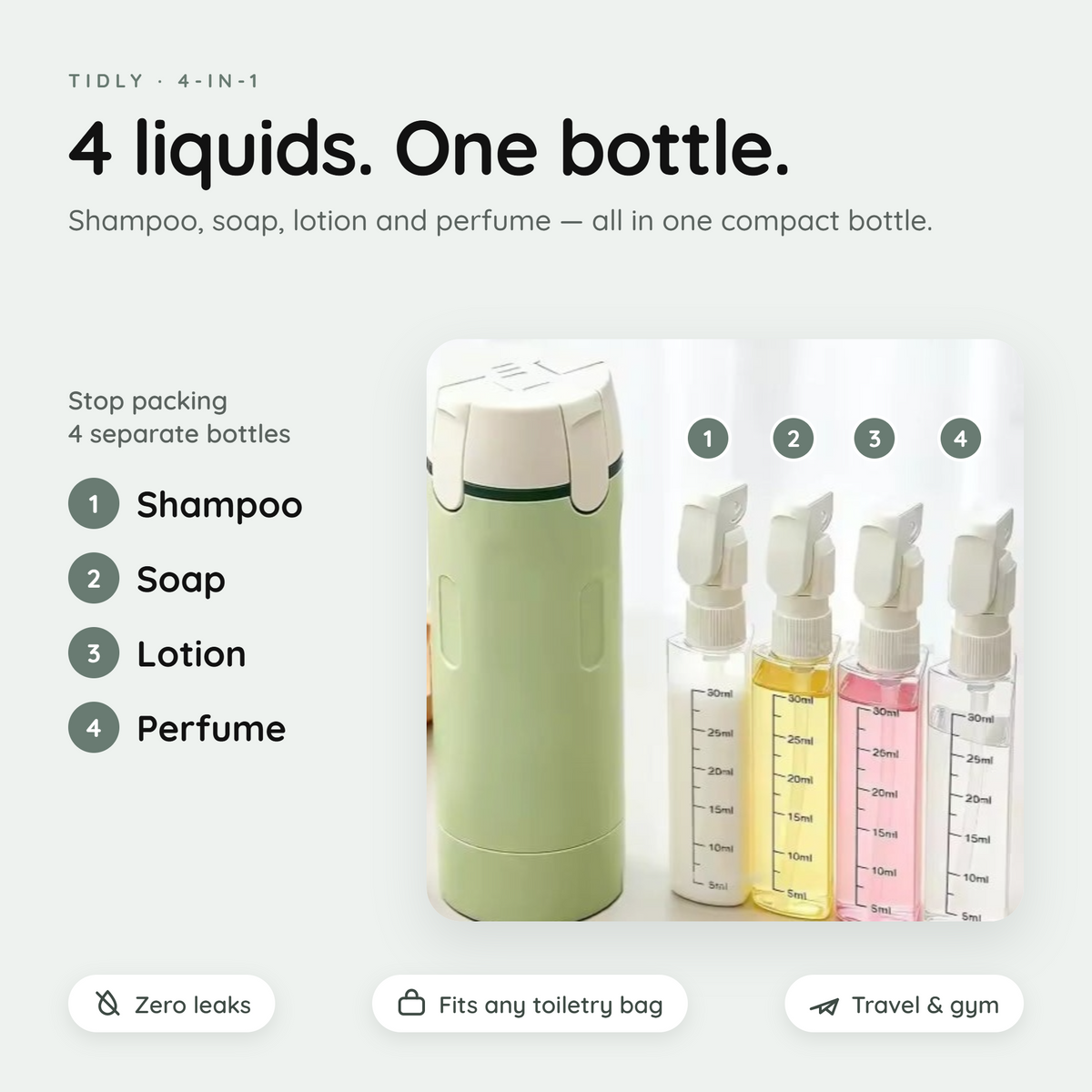 Tidly 4-in-1 travel bottle: shampoo, soap, lotion and perfume in one bottle