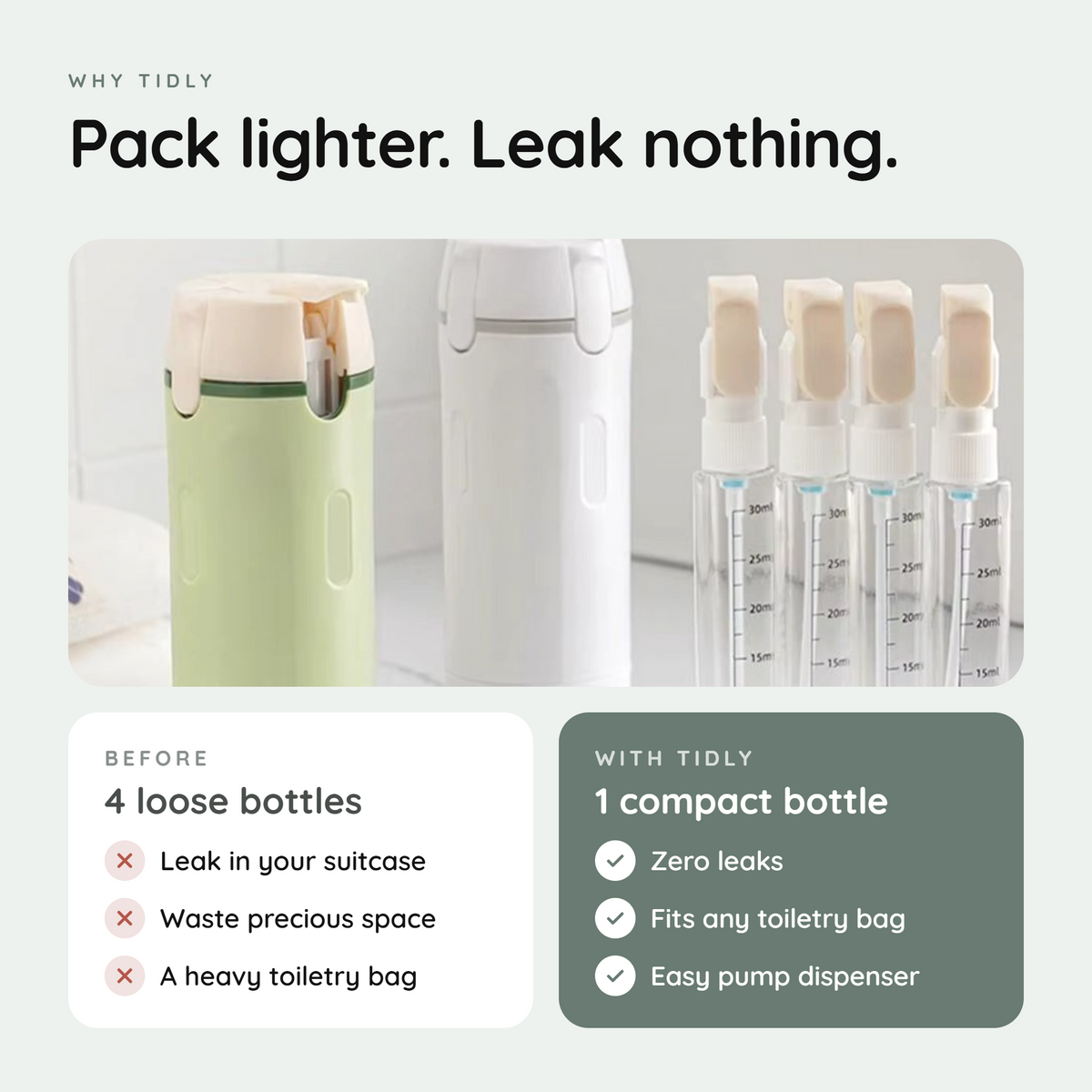 4 loose bottles vs 1 compact Tidly bottle: zero leaks, fits any toiletry bag