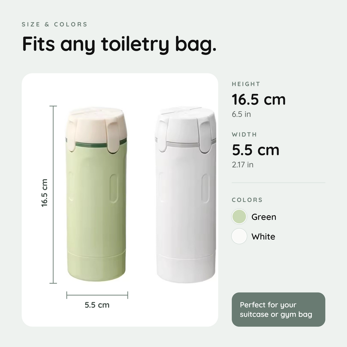 Tidly bottle size 16.5 x 5.5 cm, available in green and white